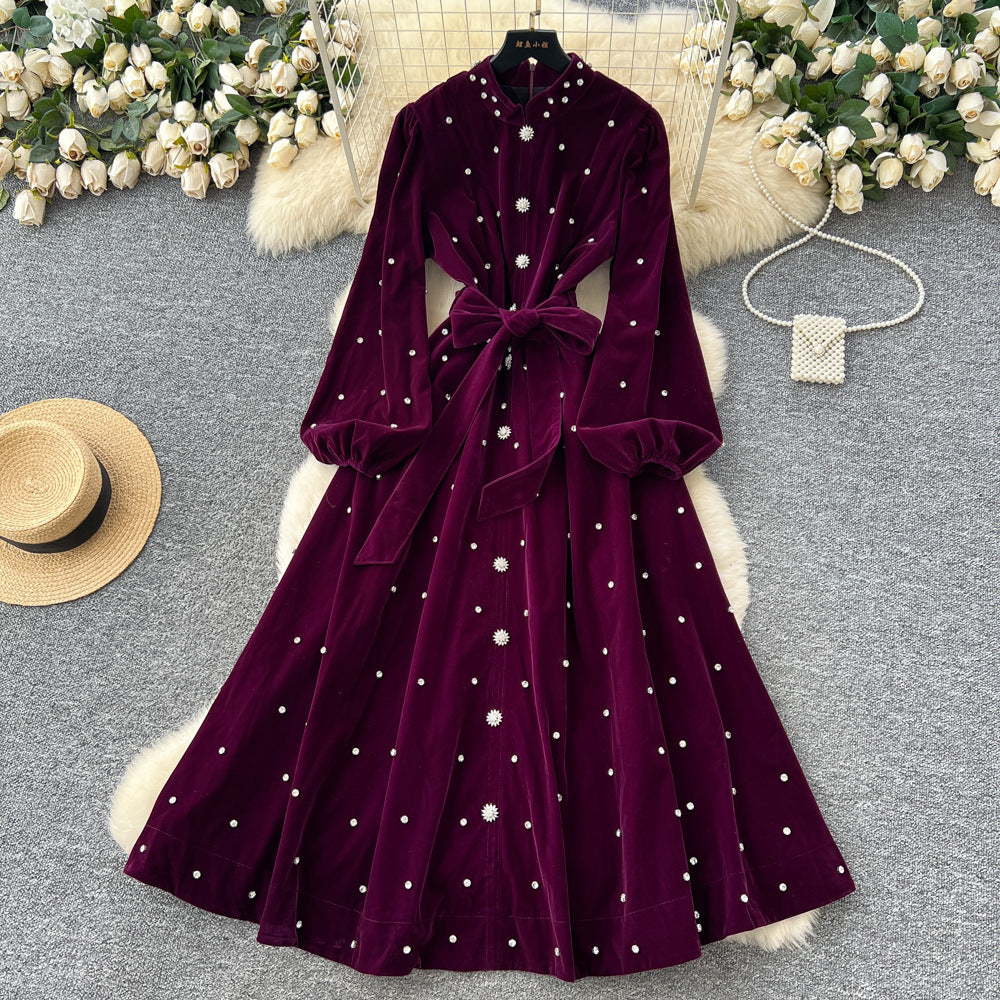 Frenchretroclassy heavy industry nail diamond stand collar lantern sleeves straps waist single breasted large swing velvet dress