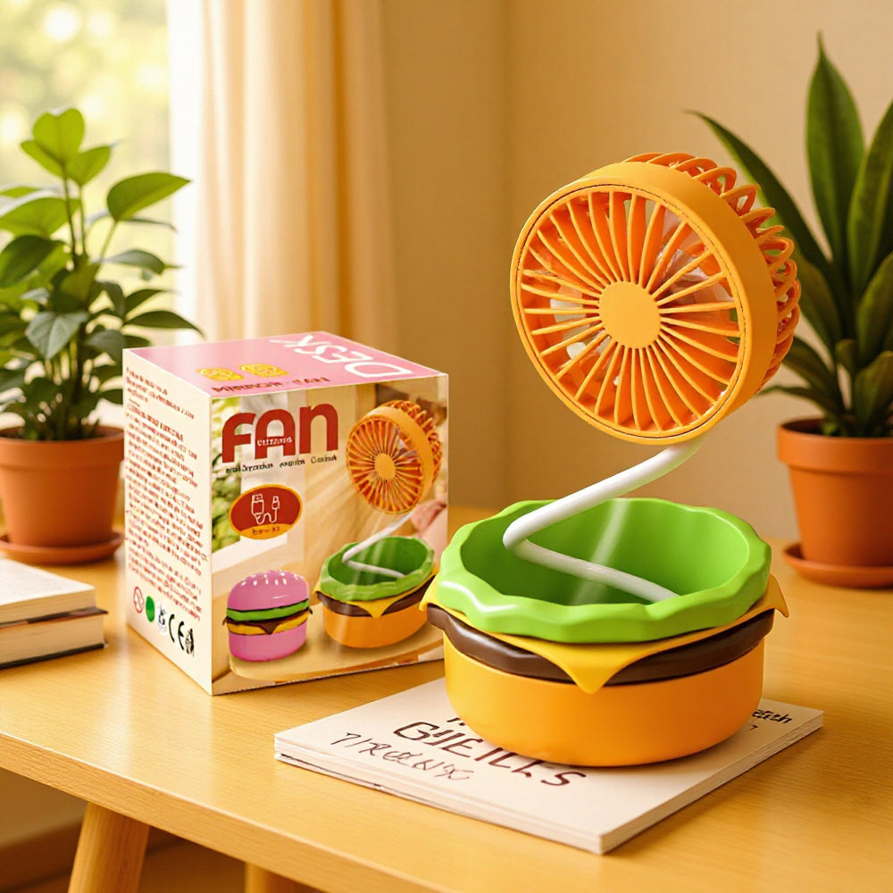 Creative burger mini fan with storage and makeup mirror, usb rechargeable, 3-speed adjustable, multifunctional desktop fan