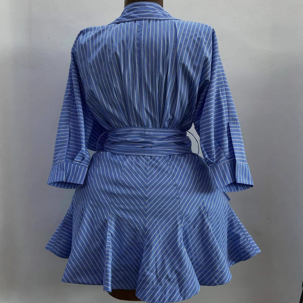 European and american cross-border women's fashion:  summer new arrival - stylish lapel blue and white striped tie-up irregular hem shirt dress