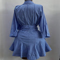 European and american cross-border women's fashion:  summer new arrival - stylish lapel blue and white striped tie-up irregular hem shirt dress
