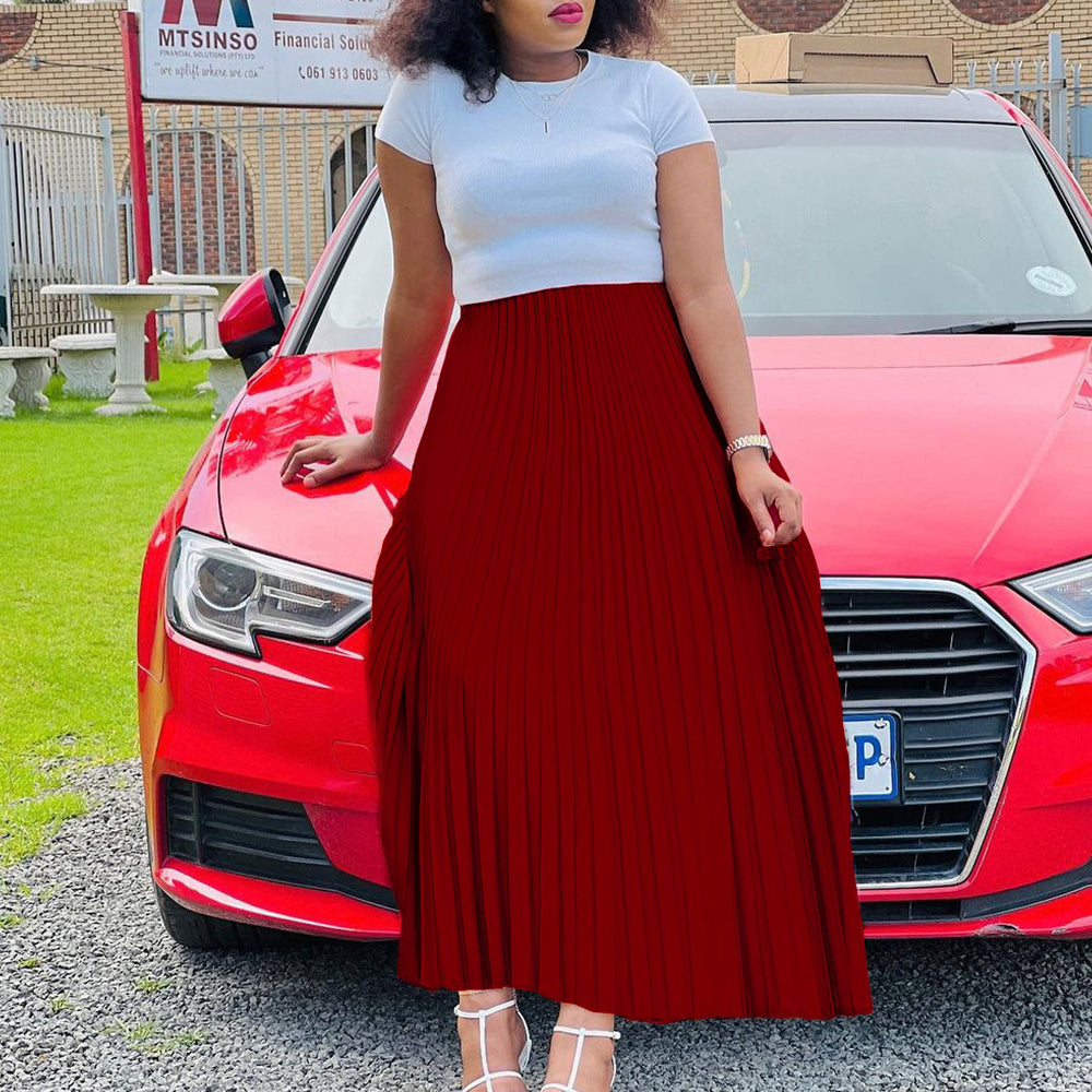 D3175plus size women's clothing  autumn new arrivalpure color high waist large skirt long skirt plus size european and american pleated skirt
