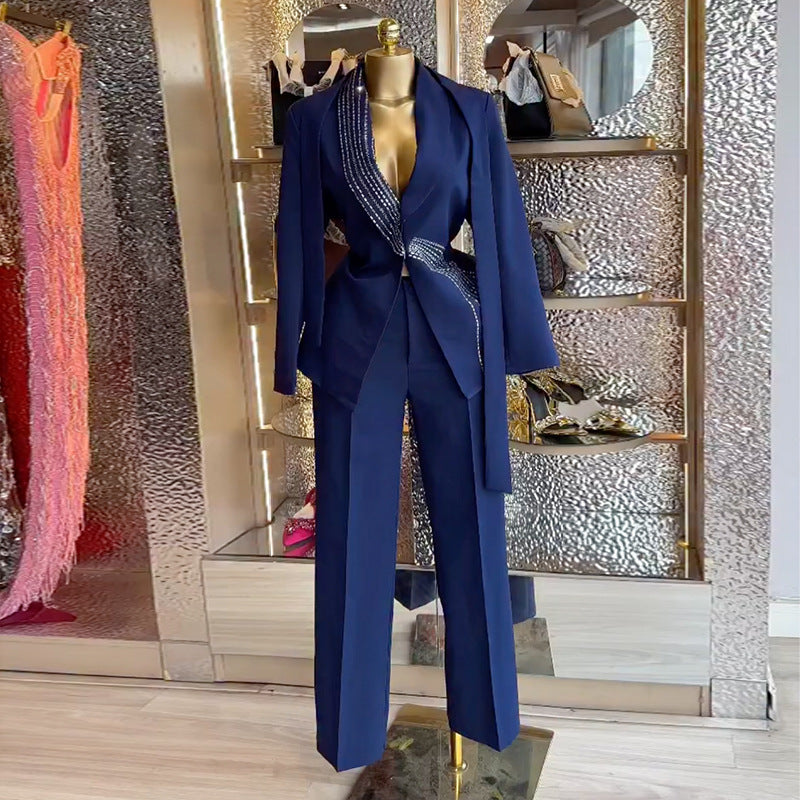 European and american cross-border women's fashion  spring new arrival: elegant solid color tie-waist blazer and high-waisted pants set