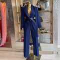 European and american cross-border women's fashion  spring new arrival: elegant solid color tie-waist blazer and high-waisted pants set