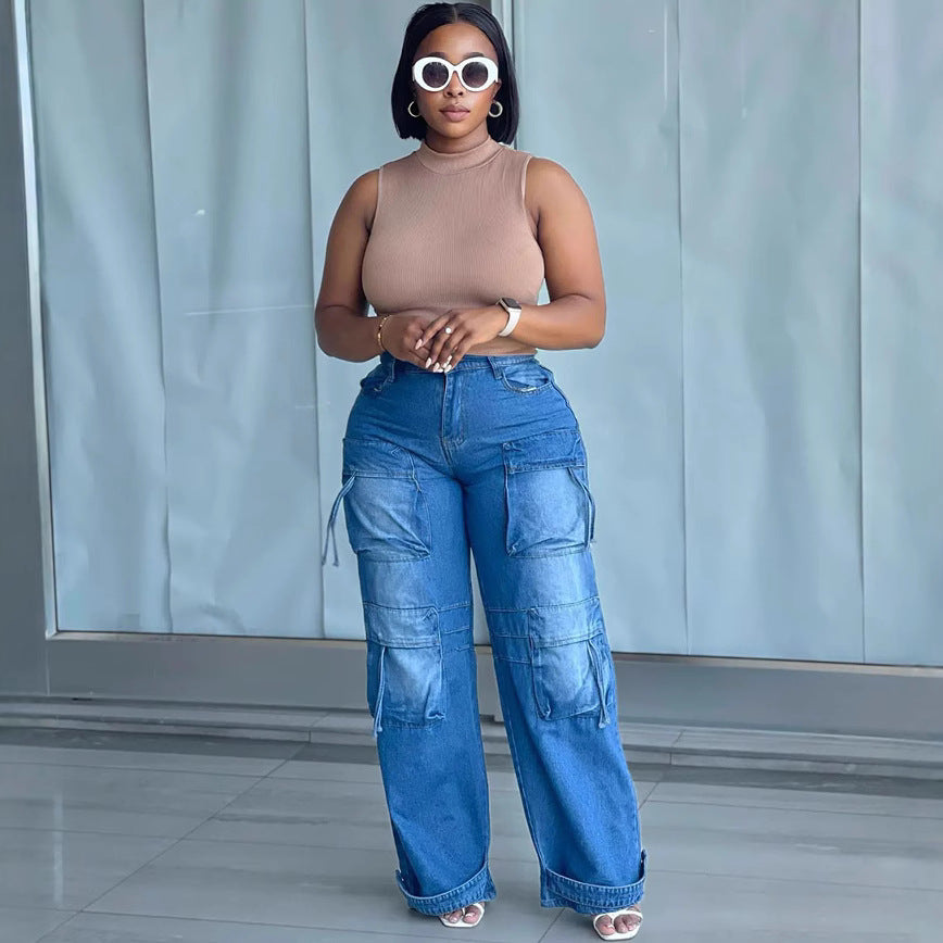 European and american style high-waisted jeans -  cross-border women's fashion trendy multi-pocket straight-leg cargo casual pants