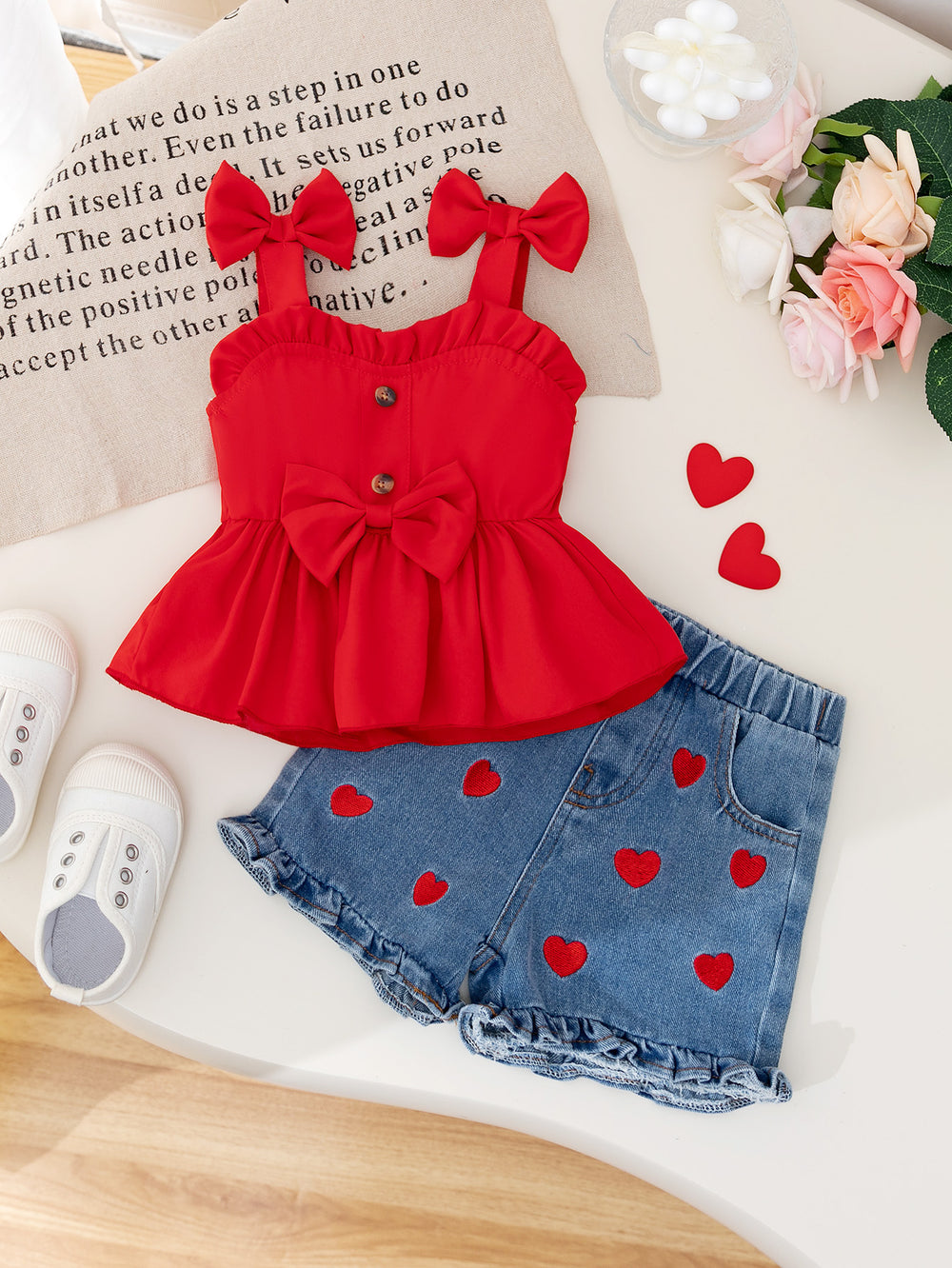 new cross-border girl's cute bow top + cow heart embroidered denim pants two-piece set