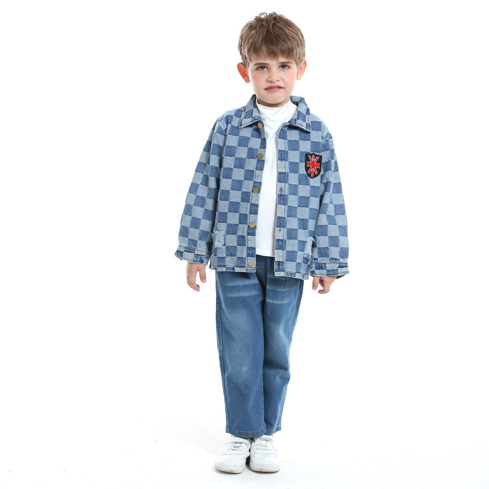 Korean style spring/autumn children's clothing new arrivals: boys' and girls' outerwear, denim jackets, kids' denim clothes, plaid embroidered jackets