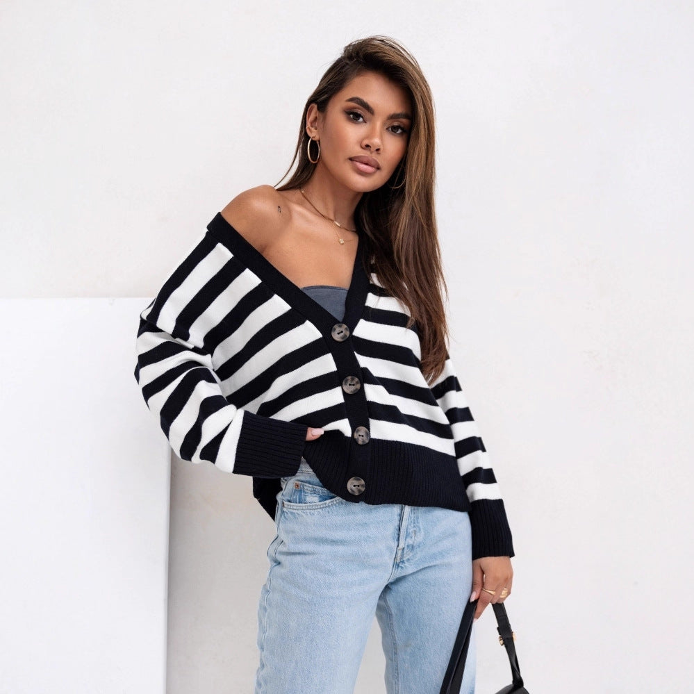 Europe, America,  autumn and winter new striped threaded knitted cardigan women's casual lazy versatile women's sweater