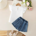 new arrival: girls' european & american style, elegant solid color flutter sleeve t-shirt with cute bow + denim shorts set
