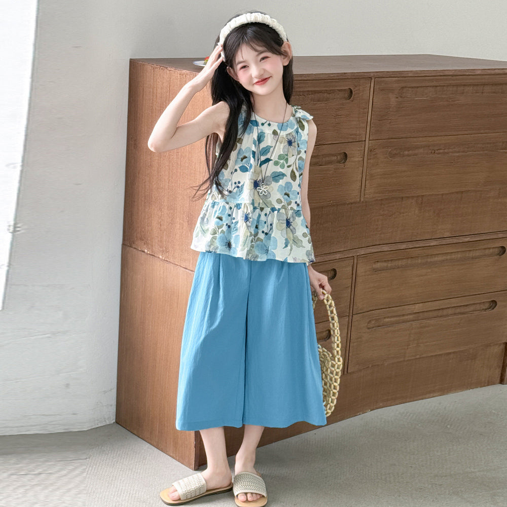 Girls' sleeveless summer outfit:  new summer style, trendy floral tank top and wide-leg pants two-piece set