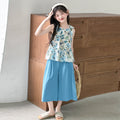 Girls' sleeveless summer outfit:  new summer style, trendy floral tank top and wide-leg pants two-piece set