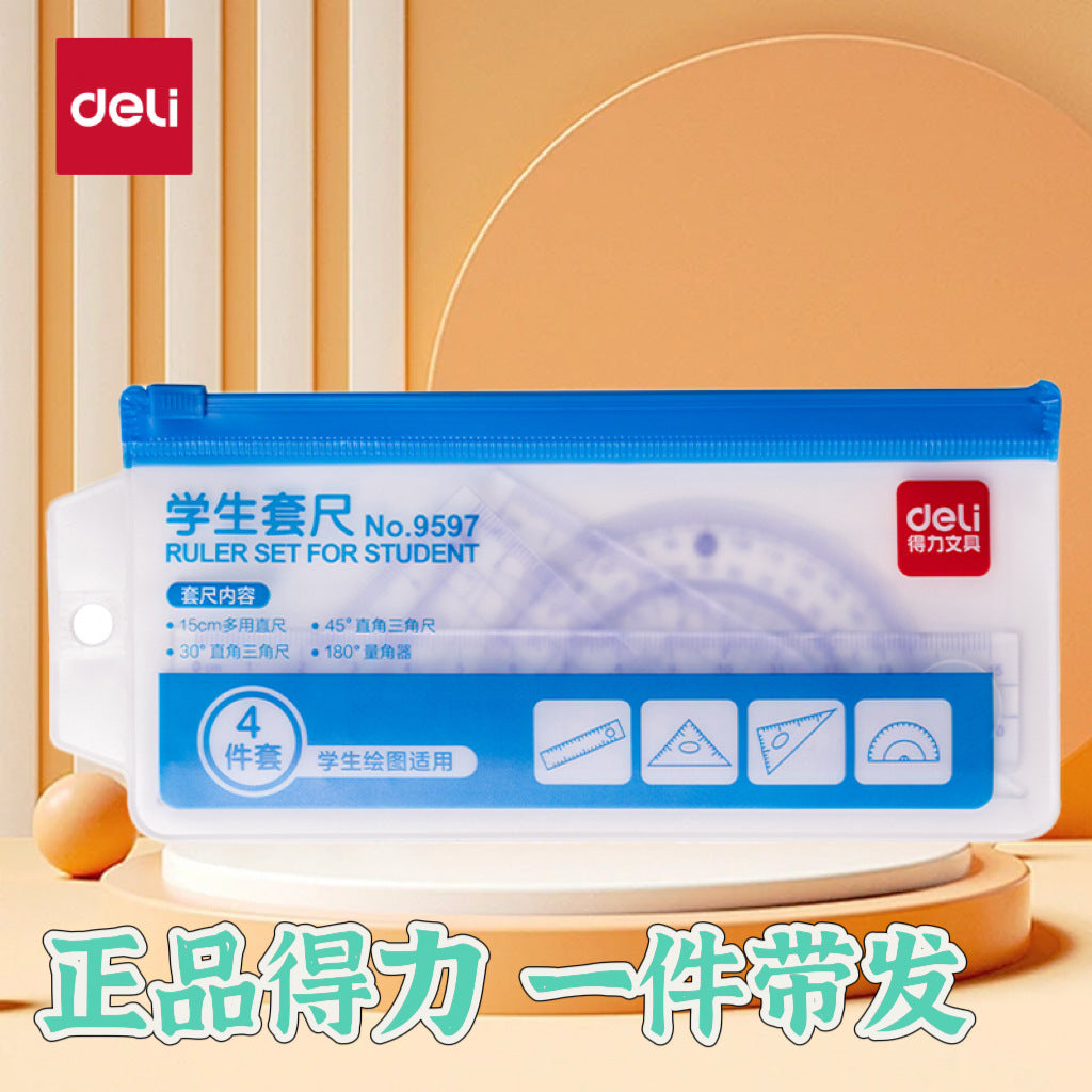 Deli 9597 Ruler Set Student Ruler Straight Ruler Triangle Ruler Protractor 15cm Transparent Blue Drawing Ruler