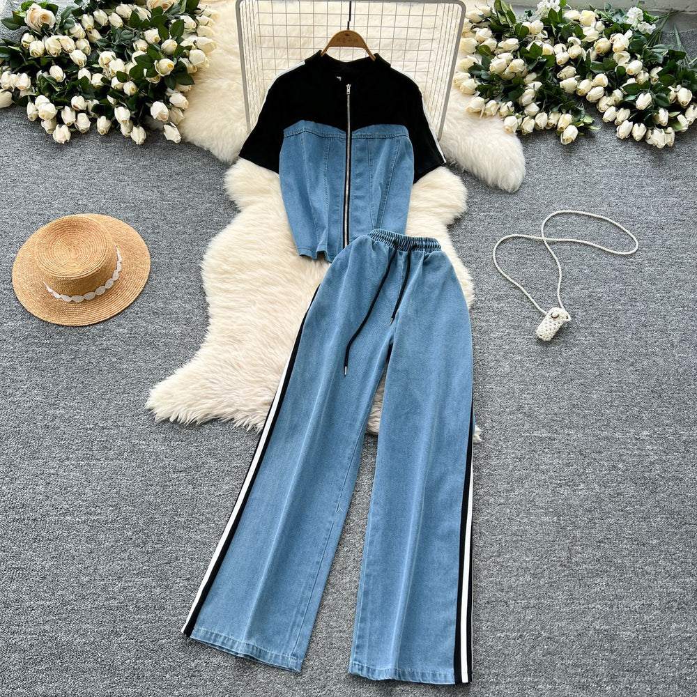 Women's two-piece tracksuit set: hong kong style retro casual faux two-piece short sleeve top with high-waisted patchwork denim wide-leg pants