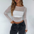 Fashion cross-border  summer new style round neck long sleeves mesh see-through waist tops bottom inner hot girl t-shirt