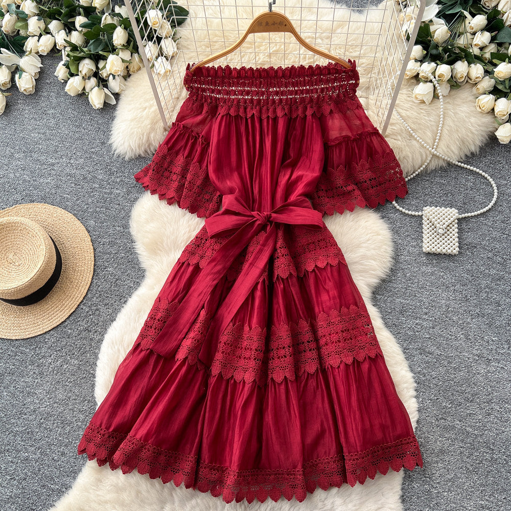 French romantic one-shoulder lace patchwork dress - women's summer short sleeve red slim-fit elegant maxi dress