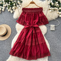 French romantic one-shoulder lace patchwork dress - women's summer short sleeve red slim-fit elegant maxi dress