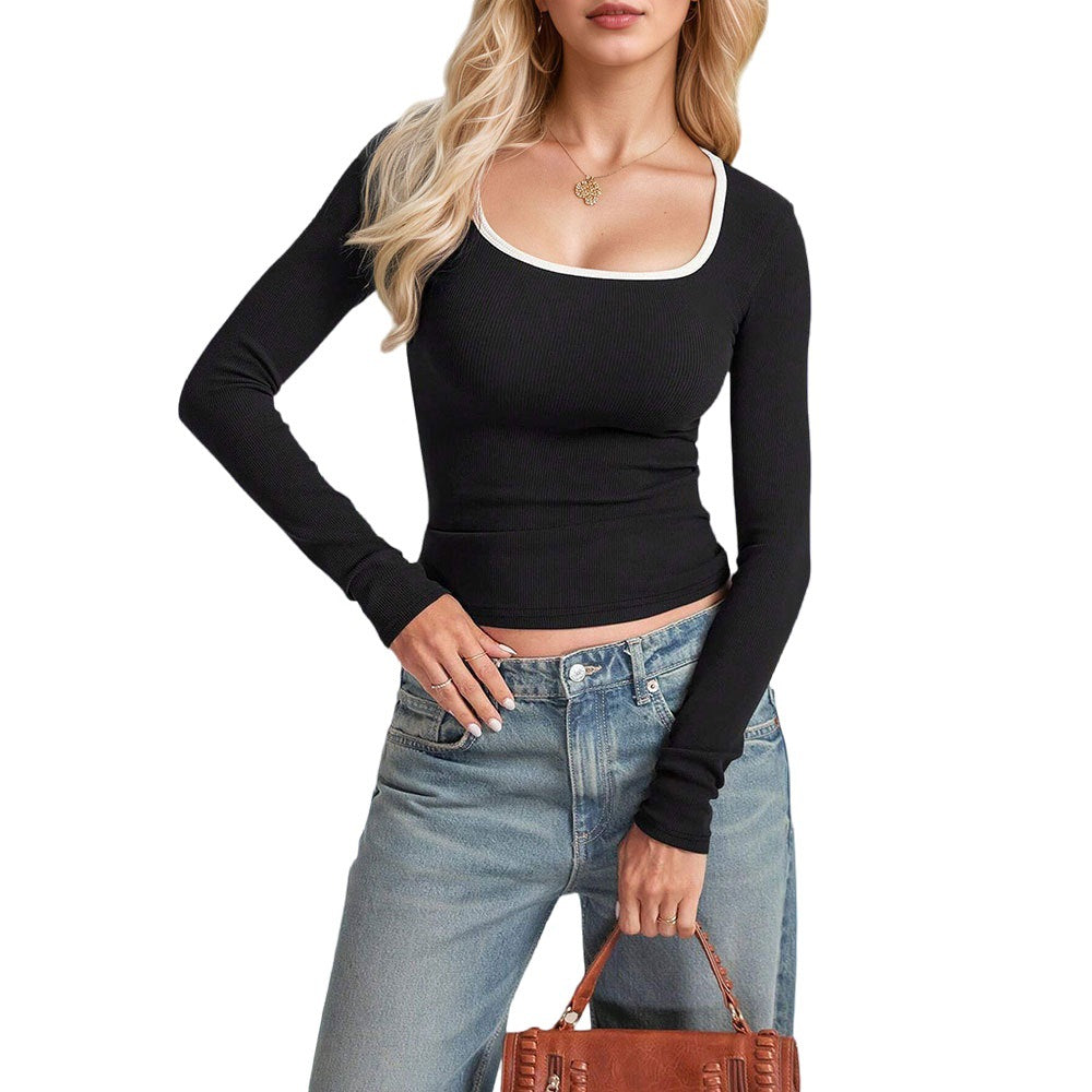 2025  European and American thread slim fit sexy  new casual explosion long-sleeved color matching U-neck T-shirt