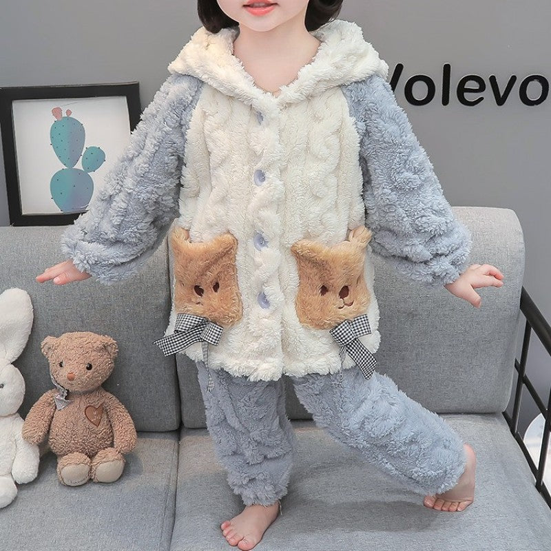 Cute boys' and girls' fall/winter fleece-lined thickened coral fleece casual warm pajamas kids' loungewear two-piece set