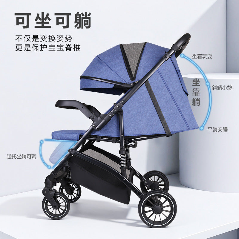 Stylish, lightweight, foldable, high-view four-wheel shock-absorbing baby stroller with one-click fold