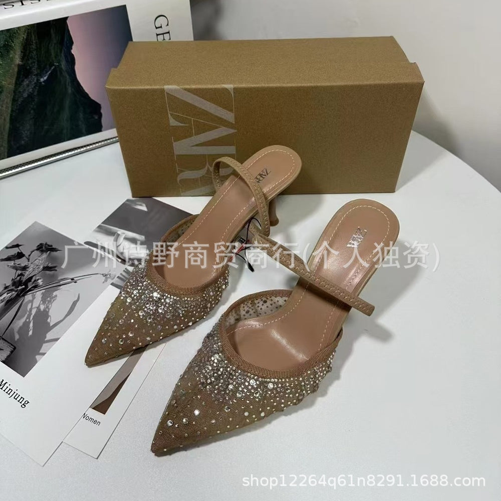 Summer new arrivals 2024: french pointed-toe high heels - mesh, rhinestone-embellished, low-cut, slingback, open-back stiletto sandals for women