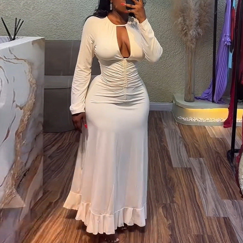 European and american cross-border women's fashion:  summer new sexy hollow-out pleated long sleeve slim-fit maxi ruffle dress