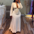 European and american cross-border women's fashion:  summer new sexy hollow-out pleated long sleeve slim-fit maxi ruffle dress