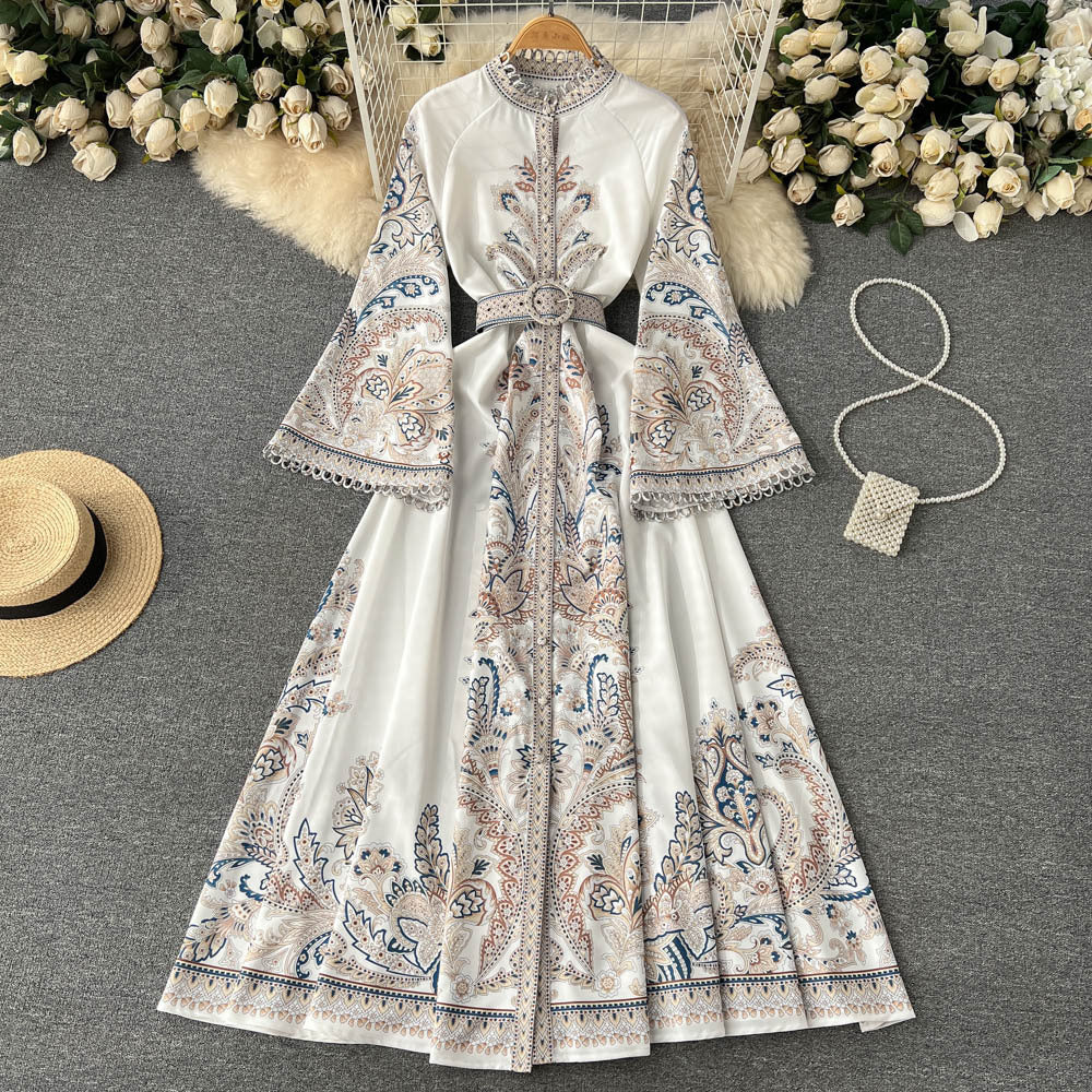 Spring new arrivalretroprinting round neck bell sleeve dress women's single breasted large swing asymmetrical pleated long skirt