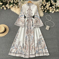 Spring new arrivalretroprinting round neck bell sleeve dress women's single breasted large swing asymmetrical pleated long skirt