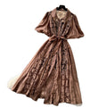 Accessible luxury style puff sleeve embroiderdress women's tie backk-style waist slimming lookclassyelegant large swing long skirt