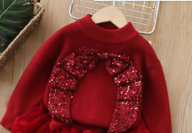 fall/winter new girls' sweater and tutu skirt set - handmade floral knit puffy skirt outfit for little girls