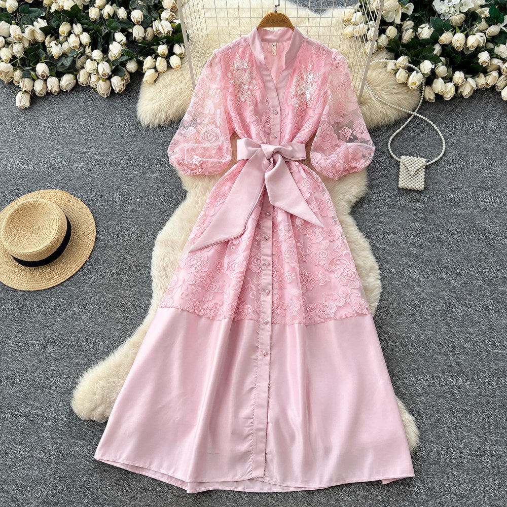 Korean style lace a-line embroidered hollow-out dress - women's spring/summer long sleeve slimming waist-defining commute maxi dress - pink