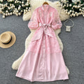 Korean style lace a-line embroidered hollow-out dress - women's spring/summer long sleeve slimming waist-defining commute maxi dress - pink
