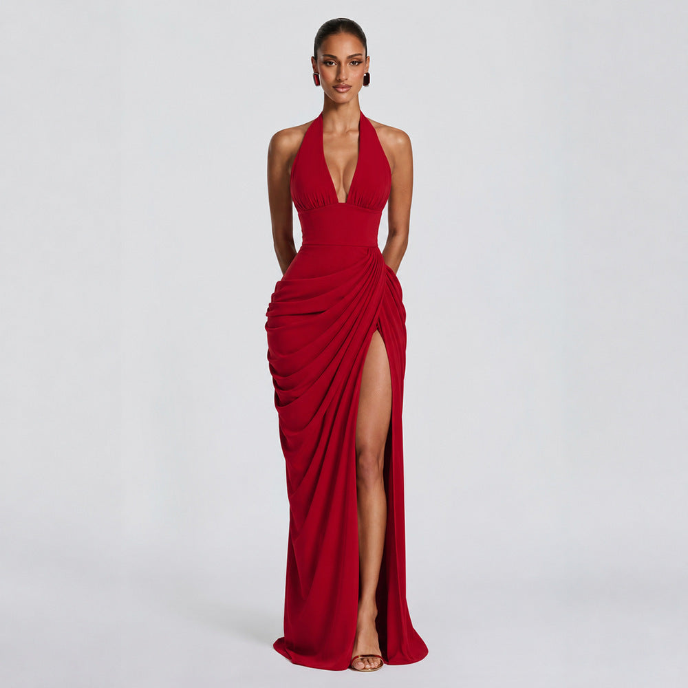 Amazon  new arrival: halter neck v-neck sexy bodycon dress - vertical pleated tie-up backless slit dress for women