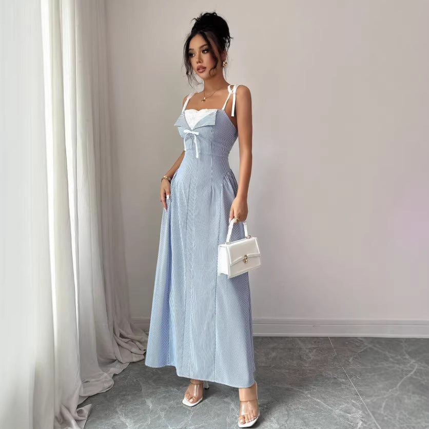 high-end, atmospheric summer dress: lace-trimmed, two-piece look, spaghetti strap maxi dress for women