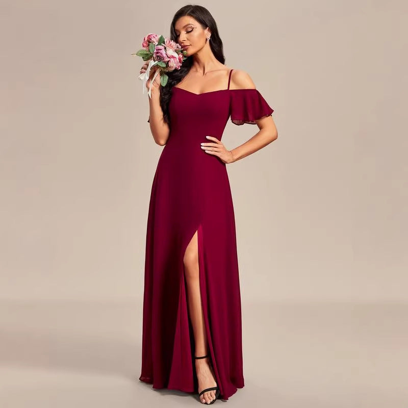 European and american style off-the-shoulder ruffle chiffon maxi dress - women's wedding french dress - high-quality, luxurious evening gown