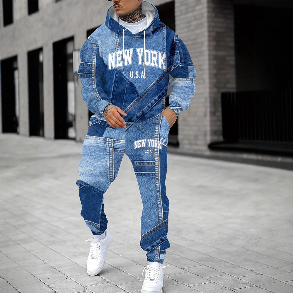 fashiontrendymencasualsuitautum denim effect hooded sports pants sweatshirtsuit wholesale
