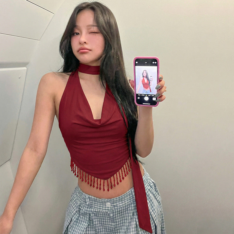 European and american women's clothing  summer new fashion v-neck tassel design backless tie-up sexy slim-fit tank top