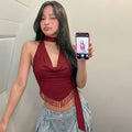 European and american women's clothing  summer new fashion v-neck tassel design backless tie-up sexy slim-fit tank top