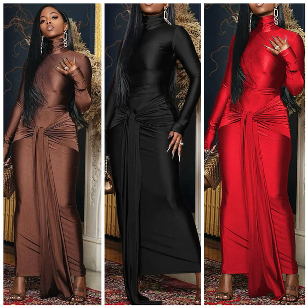 European and American new solid color sexy slim-fitting turtleneck long-sleeved lace-up streamer hip-wrapped dress women's clothing