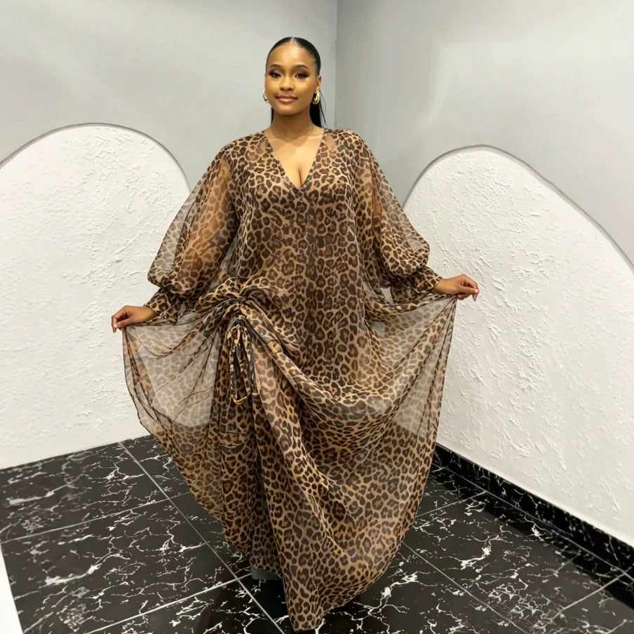 African wedding party dress - colorful leopard print batwing sleeve shirred design robe bubudress