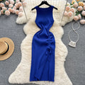 Sleeveless round neck knitting vest dress women's summernew arrival silmslimming lookelegant drawstring slit hip-hugging dress trendy