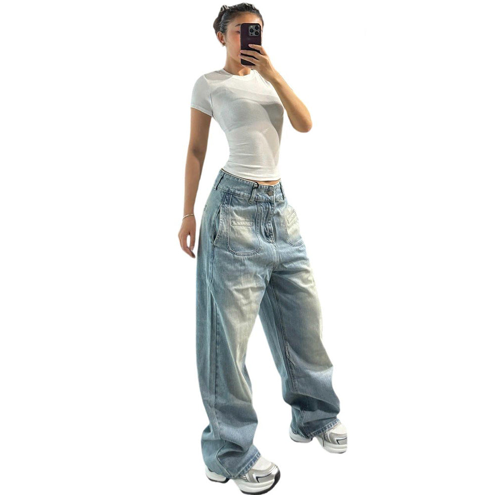 European and american style high-waisted straight-leg jeans -  cross-border women's fashion autumn trend tie-dye wide-leg pants