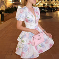 summer new women's clothing  cross-border fashion v-neck printed ruffle hem french dress