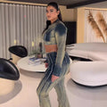 European and american cross-border women's fashion:  women's denim outfit - streetwear tie-dye long sleeve top and fringe denim jeans set