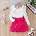 hot-selling girls' 3d floral top and beaded irregular skort two-piece set