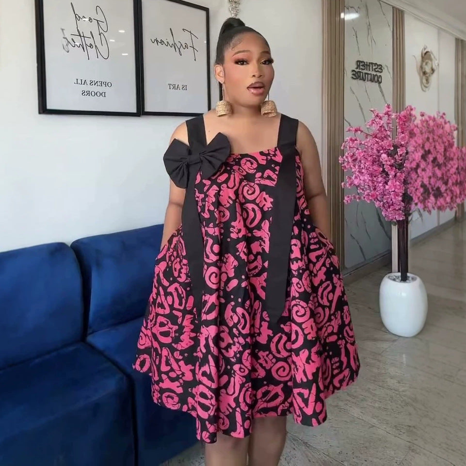 European and american cross-border african women's clothing  summer new fashion printed loose plus size bowknot suspender dress