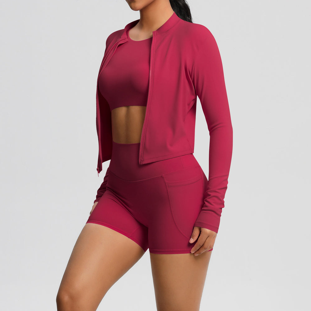 cloud-feel brushed short-sleeved sports zipper outwearflap pocket pants shorts hip-lifting fitness yoga wear three-piece set