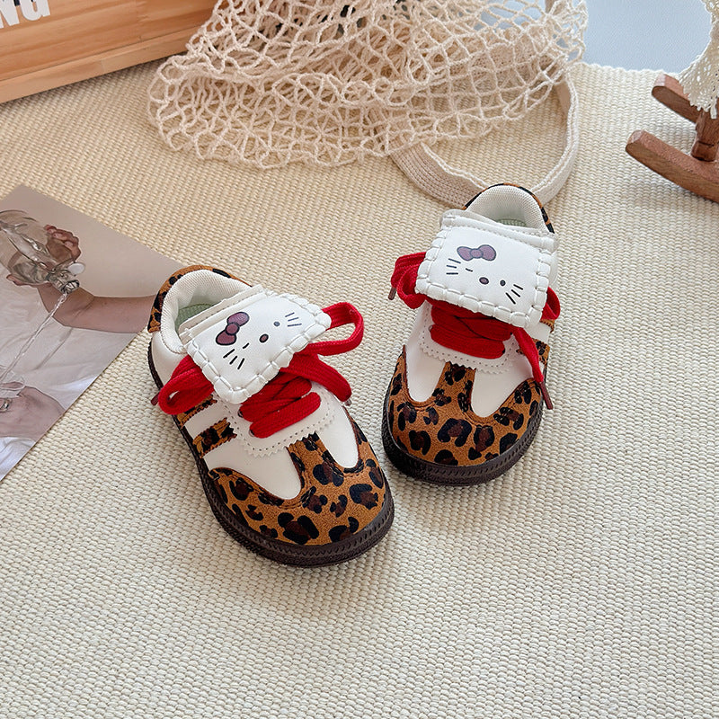 Kitty flip-top German training shoes 2025 spring and autumn new Korean version of girls' leopard print Forrest Gump shoes soft-soled sports shoes