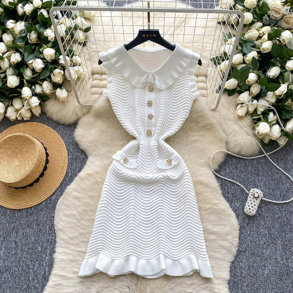 K-stylecasual celebrity sleeveless knittingdress women's summer fungus edge niche style young lady beautiful mid length skirt