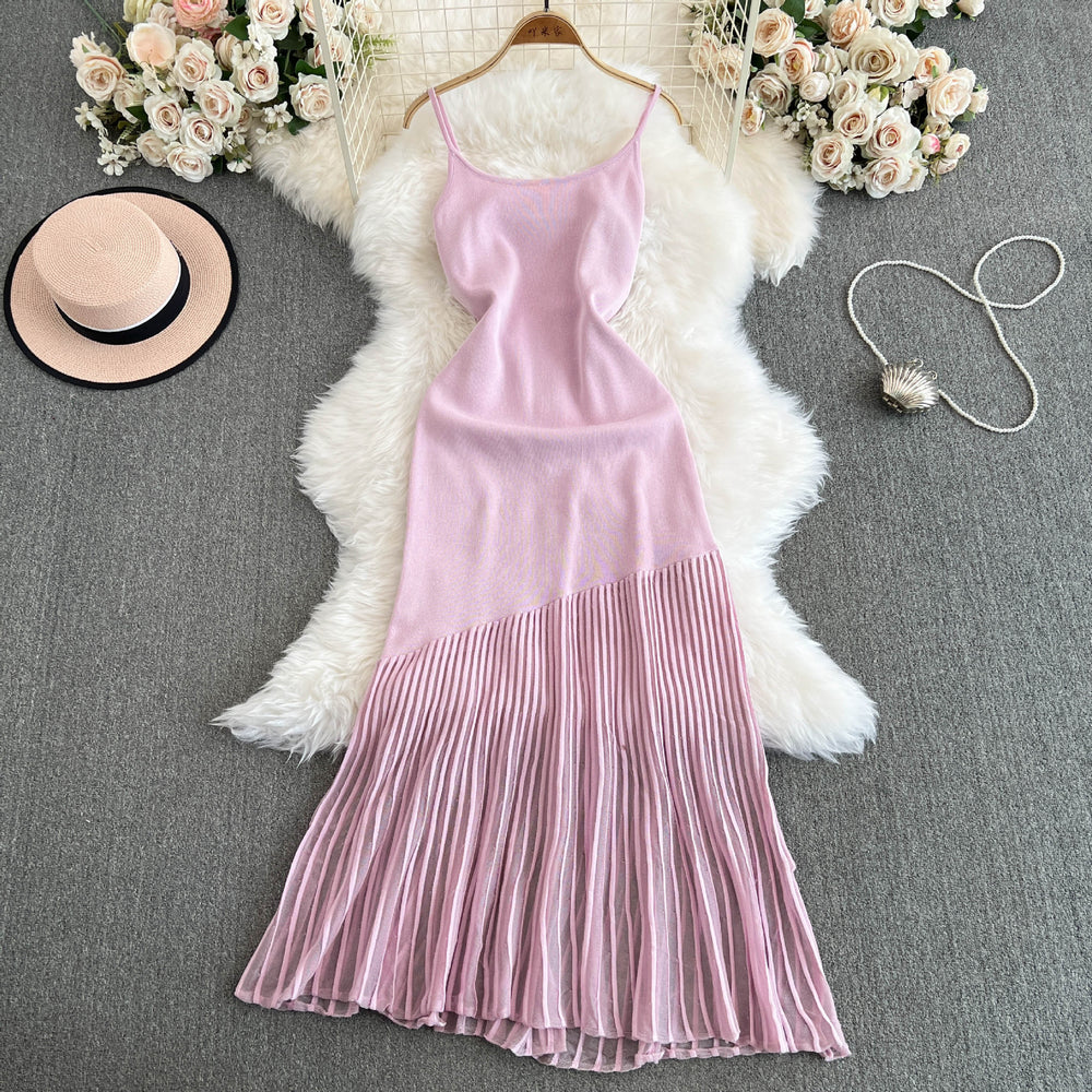 High-end see-through pink patchwork dress for women, new summer style, sweet and spicy girl, knitted camisole, beach-ready mermaid maxi dress