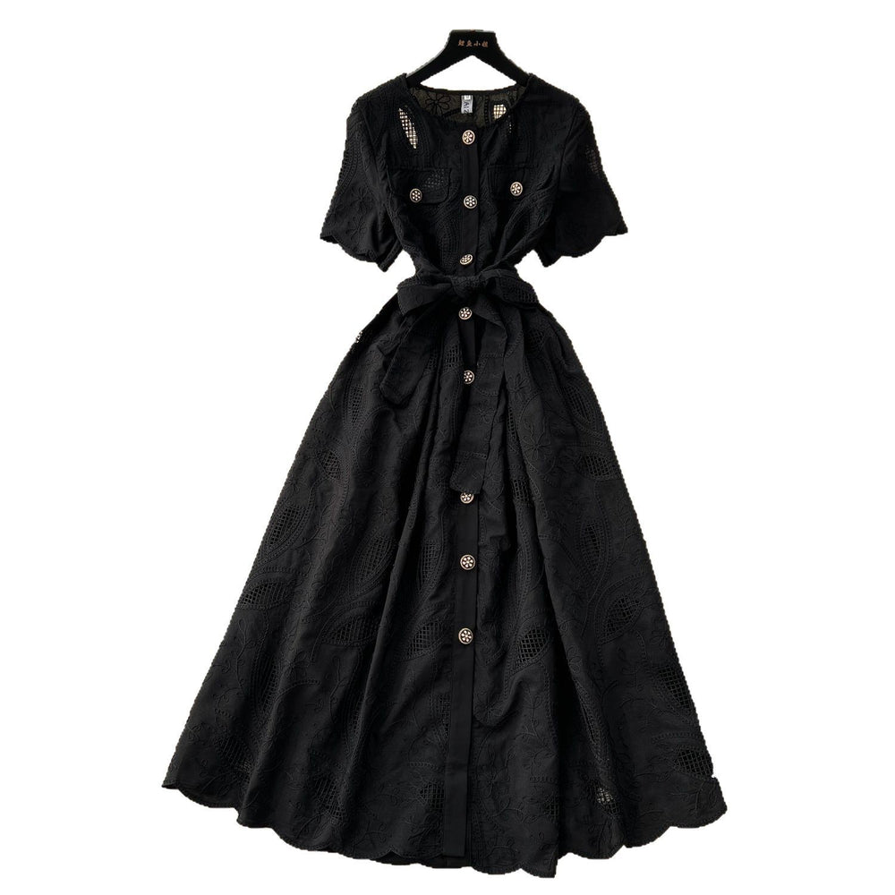 Summer frenchretroheavy industrycut outembroiderround neck waist short sleeve dress women's slimming look single breasted long skirt